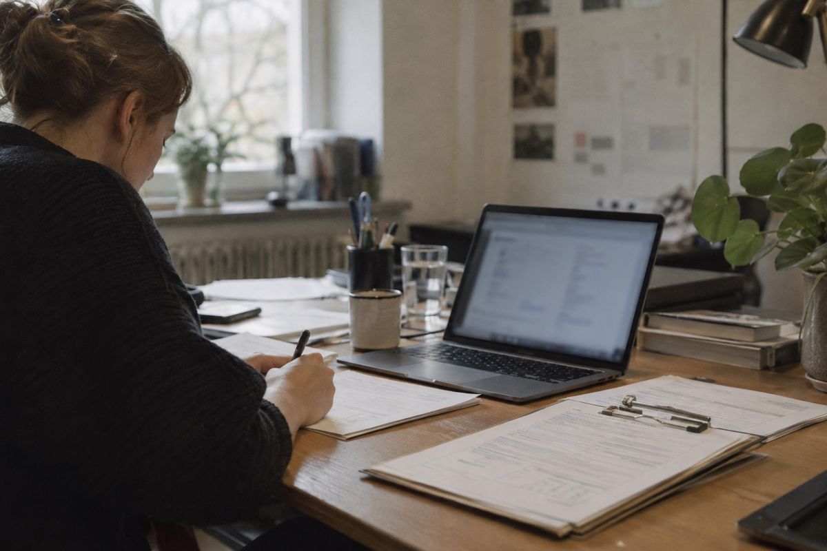 Eine Person füllt an einem Schreibtisch mit einem Stift ein Papierformular aus, dahinter stehen ein aufgeklappter Laptop und Unterlagen auf einem Klemmbrett